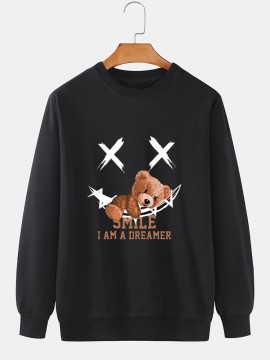 Mens Cartoon Smile Bear Print Crew Neck Pullover Sweatshirts Winter