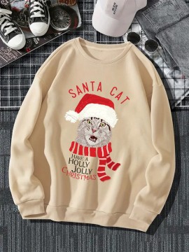 Mens Christmas Cat Letter Print Crew Neck Pullover Sweatshirts Winter