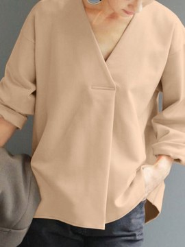 Women Solid V-Neck Pleated Casual Long Sleeve Blouse